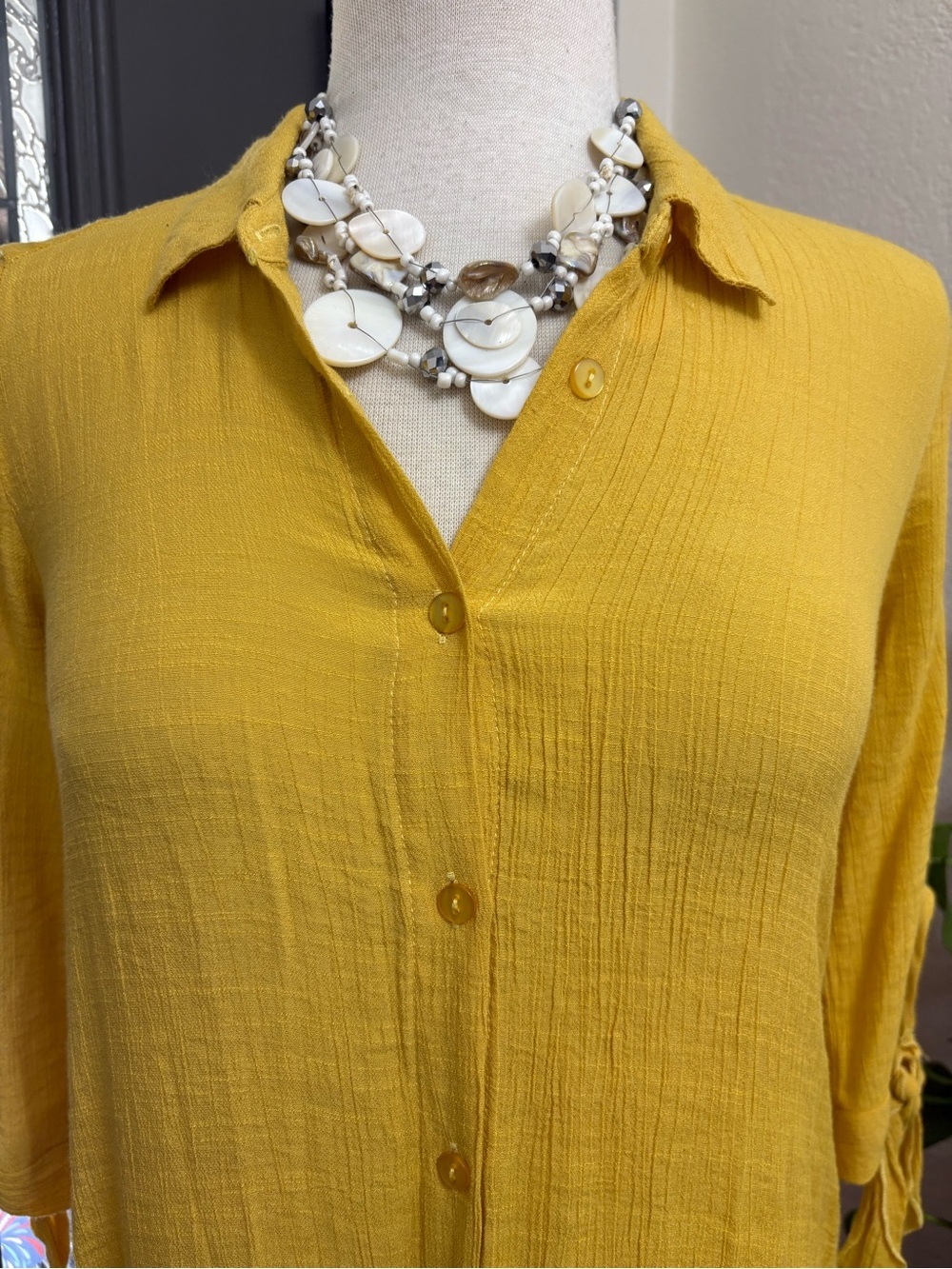 Mlle Gabrielle Mustard Yellow Textured Button Front Shirt Dress | Size S - Picture 3 of 8
